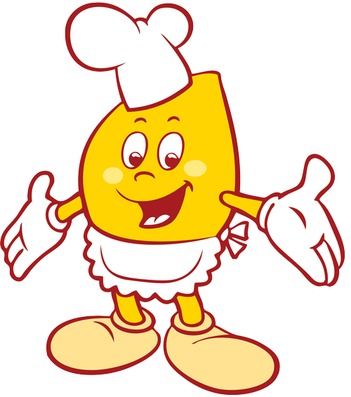 Mascote da Mister Gegê, um personagem amarelo com chapéu de padeiro