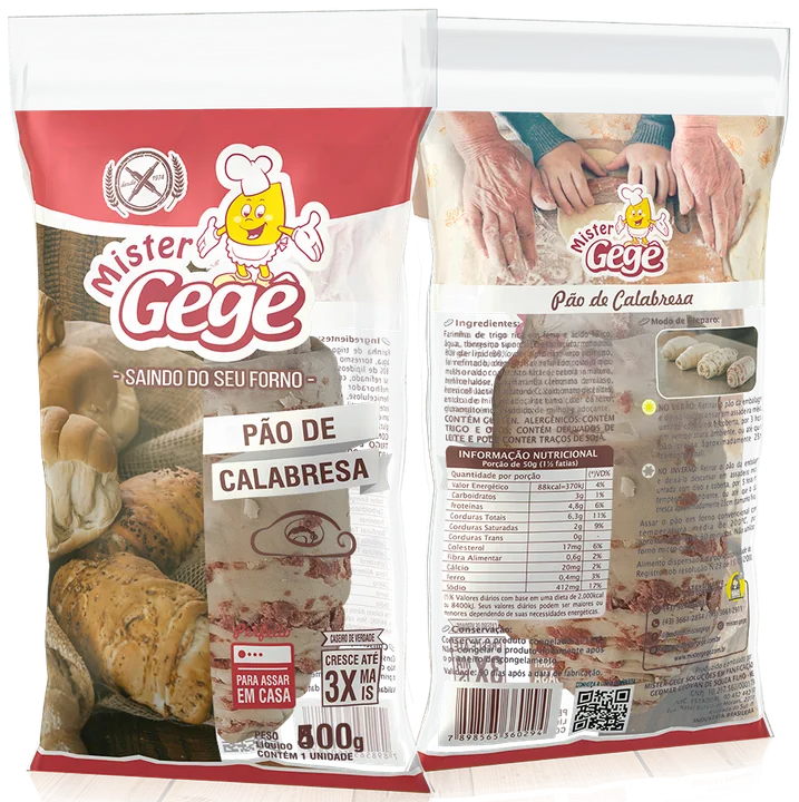 Embalagem do Pão de Calabresa Mister Gegê, frente e verso