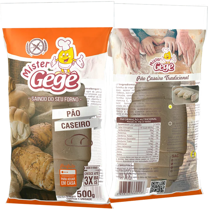 Embalagem do Pão Caseiro Mister Gegê, frente e verso