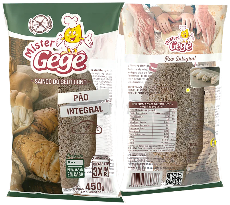 Embalagem do Pão Integral Mister Gegê, frente e verso