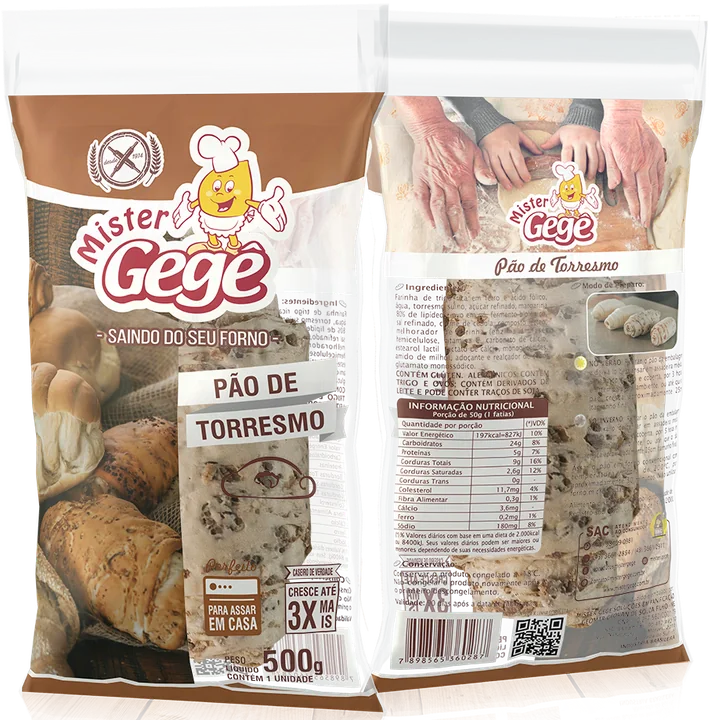 Embalagem do Pão de Torresmo Mister Gegê, frente e verso
